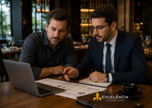 Empresário e contador analisando documentos financeiros para definir o pró-labore de uma empresa do setor de alimentação.